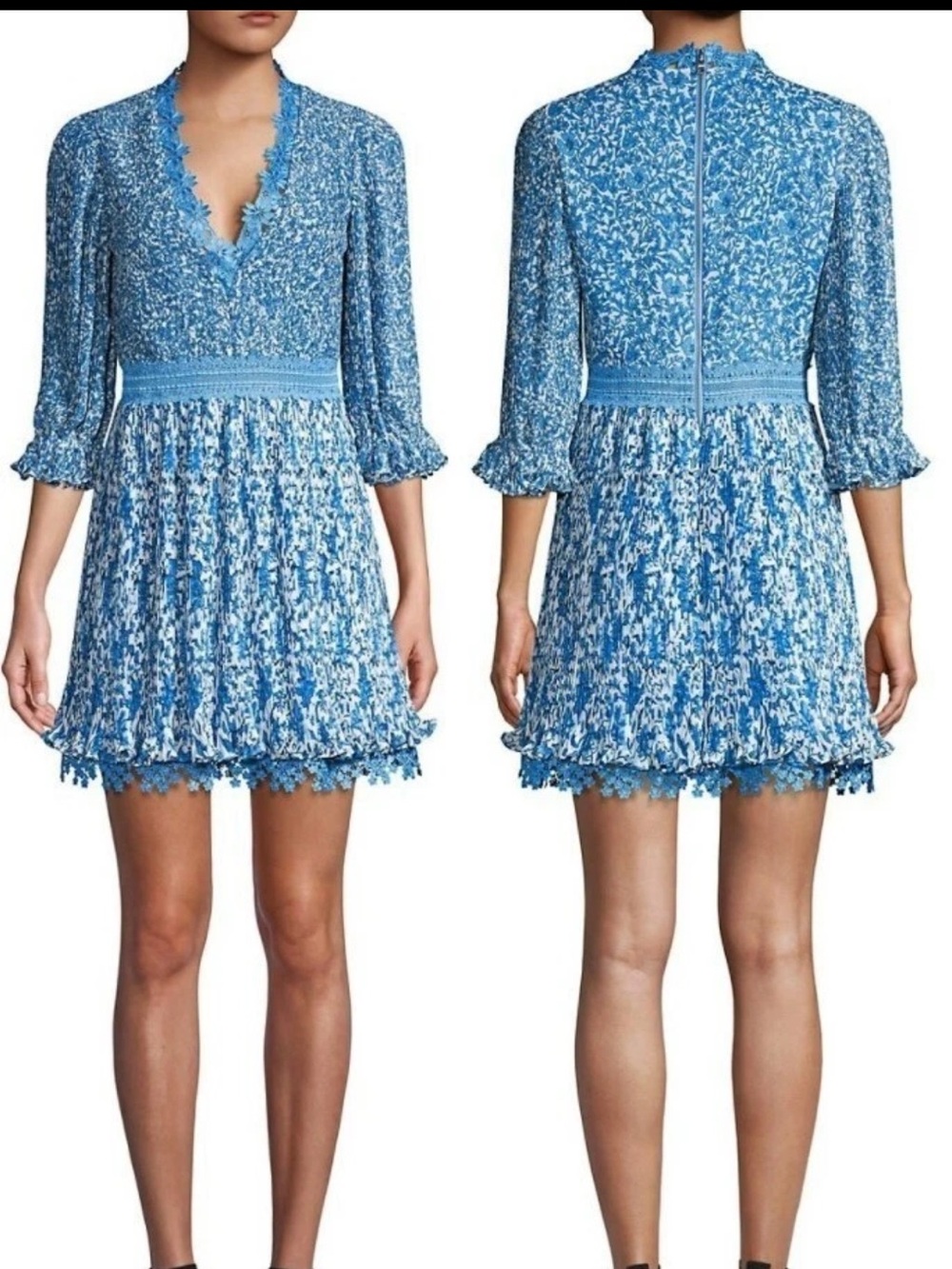 Alice + Olivia Blue Floral Lace-Trim Mini Dress